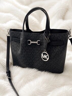 Michael Kors Black MK Logo Shoulder Tote with Silver Hardware